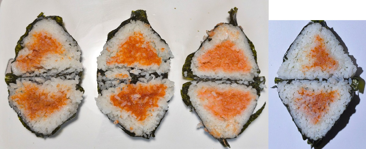 左からセブン、ファミマ、トライアル、ローソンの明太子おにぎり（※ローソンは別撮り）