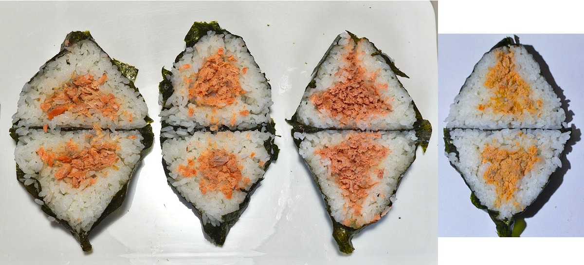 左からセブン、ファミマ、トライアル、ローソンの鮭おにぎり（※ローソンは別撮り）