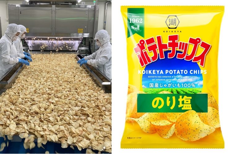 湖池屋中部工場（左）と現行の「のり塩」（湖池屋提供）
