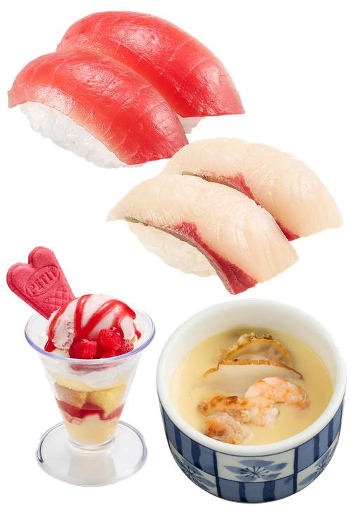 《スシロー・編集部チョイス1》1000円以内でサイドメニューも 厳選まぐろ赤身(150円~)、活〆はまち(160円~)、ストロベリーバニラパフェ(330円~)、茶碗蒸し(260円~)