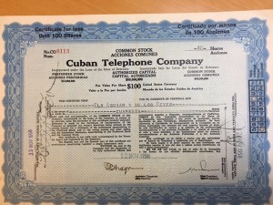 1950年代のキューバン・テレフォン・カンパニー社の株券。株式市場復活の日は近い？