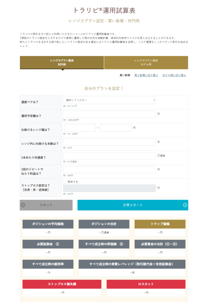 マネースクエアが提供するトラリピ運用試算表(口座開設後に利用可能)