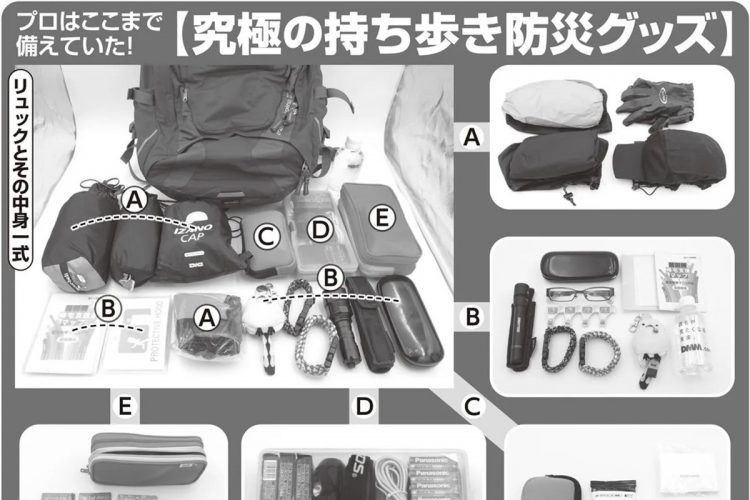 備え・防災アドバイザーの高荷智也さんが通勤用リュックに収納している「防災グッズ」の中身