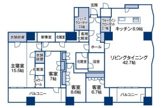 リビングは42.7帖。三田ガーデンヒルズの4LDKの間取り
