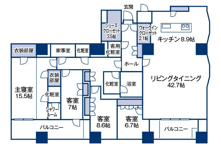 リビングは42.7帖。三田ガーデンヒルズの4LDKの間取り