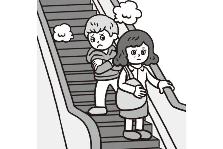 まじめな若者はエスカレーターに1列で乗る大人たちを、ちょっと引いた目で見ているという（イラスト／オオノマサフミ）