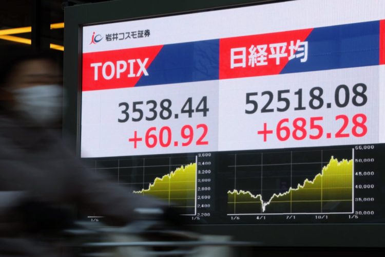 1月6日、日経平均株価と東証株価指数（TOPIX）の終値が史上最高値を更新した（写真：時事通信フォト）