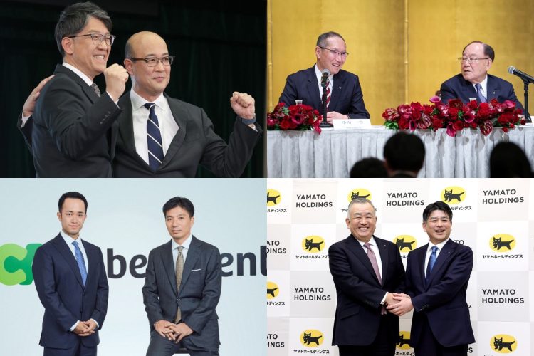 大手企業で相次ぐ社長交代（左上から時計回りに、トヨタの佐藤恒治氏、近健太氏。キヤノンの小川一登氏、御手洗冨士夫氏。ヤマトHDの櫻井敏之氏、長尾裕氏。サイバーエージェントの藤田晋氏、山内隆裕氏／AFLO、時事通信フォト、会社ホームページより）