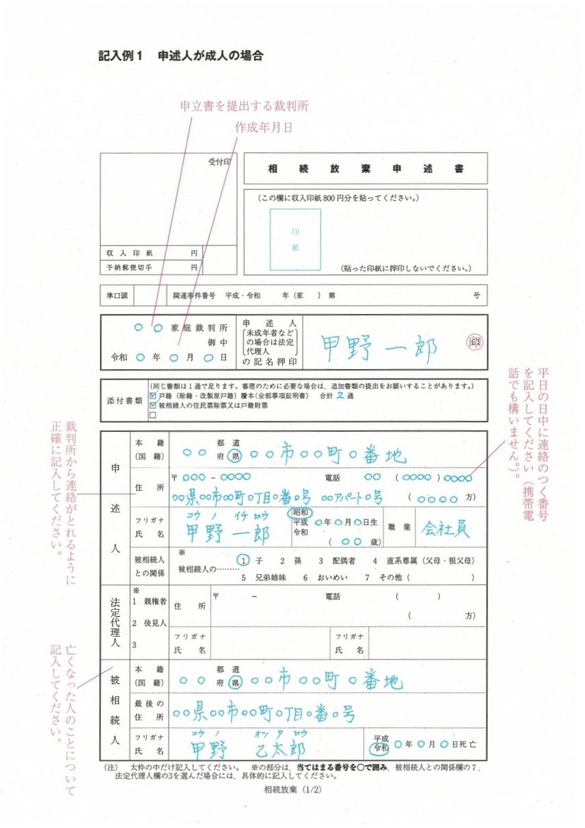 成人が相続放棄するときの申述書の記入例(裁判所ホームページより)